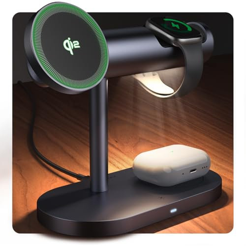 iVANKY Support de Chargeur sans Fil certifié Qi2 4 en 1 pour iPhone 17 Air, veilleuse Station de Charge pour MagSafe, Charge pour iPhone 17/16/15/14/13 Plus/Pro/Max, Apple iWatch, Airpods Pro 2/3