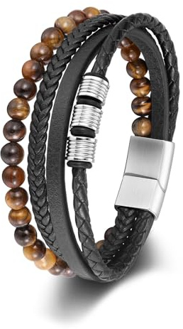 PiercingJak Herren Armband Tigerauge Steine Lederarmband für Männer Armreif Schwarz geflochten Echtleder Armbänder Heilsteine Perlen Charm Schmuck Herrentag Geschenke für Papa, Kraft Mut Stein