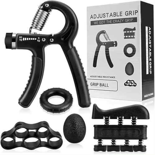 Kit de renforcement de la poignée – 5 pièces avec pinces à résistance réglable, écarteur de doigt, anneau de préhension et balle anti-stress – Entraînement de force pour les mains, les doigts et les