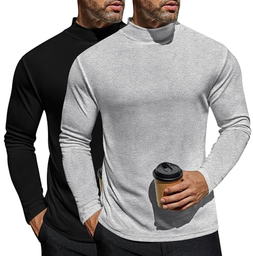 Ekouaer 2-pack långärmad skjorta för män, termounderkläder, termotopp, långärmad termoskjorta, varm med innerfleece, S-3XL, Svart + ljusgrå, 3XL