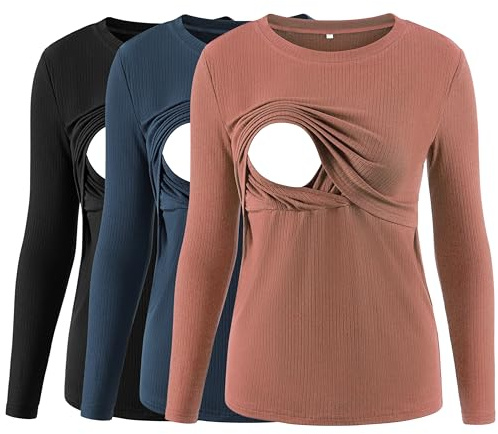 Love2Mi 3er Pack Damen Stillshirt Gerippte Langarm stilltops Doppellagige Umstandsmode Tshirt Umstandskleidung