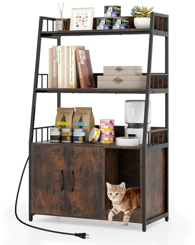 COSTWAY Meuble Litiere Chat, 3 Étagères de Rangement, Planche à Griffer, 3 Trous d'air, Entrée Sinueuse, Station de Charge, Chicanes Surélevées, Maison de Toilette Chat, 80 x 40 x 132 cm (Industriel)