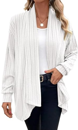 Chicrise Cardigan Donna Manica Lunga Elegante Maglioncino Maglia Leggero Spolverino Morbido Versatile Bianco 2X-Grande 50-54 2XL