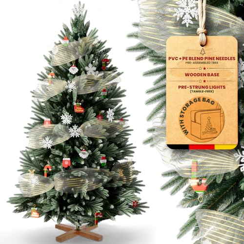 Huracan Albero di Natale artificiale 150cm con neve, Albero Natale con base in legno massello e effetto denso e custodia, Alberi di Natale artificiali per soggiorno, interni ed esterni