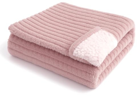 DH DREAMER HOME Manta Borreguito Reversible 160 x 220 cm – Sherpa de Franela Suave y Cálida con Diseño a Rayas, Manta Gruesa y Transpirable para Invierno (Rosa Palo)