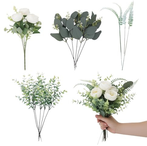 saerryor 15 Pack Eucalyptus Stems Leaves with White Faux Peony for Decor | Leaves Artificial Flowers Fake Green Foliage Greenery Eucalyptus Artificial Flowers for Wedding Home Party Decor