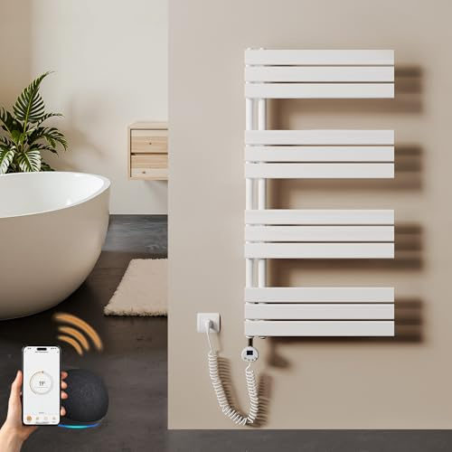 S'AFIELINA scaldasalviette Elettrico Bagno 1041×600mm Bianco, 600 W termoarredo Elettrico Bagno con WiFi e termostato, Timer 7×24 h, Protezione antigelo, LCD, Tubi Piatti Design scaldasalviette