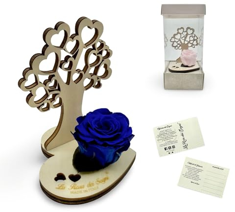 La Rosa dei Sogni Rosa Stabilizzata con Albero della Vita in Legno Intaglio Laser – Fiore Naturale a Lunga Durata, Scatola Elegante - Made in Italy (Blu)