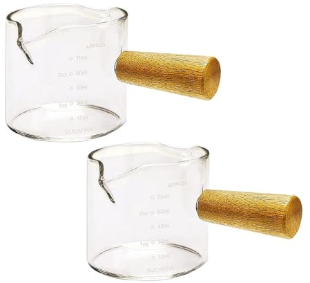 2Pcs Spouts Espresso Shot Glasses Measuring Glass Cups Cookware with Wood Handle for Milk Coffee