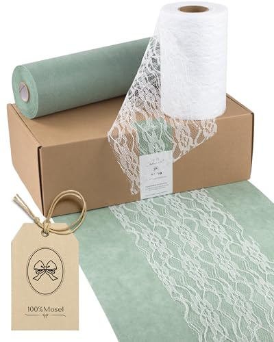 100% Mosel Tischläufer Set Eukalyptusgrün & Weiß – Vlies Tischläufer (30 cm x 25 m) & Spitzenband (15 cm x 25 m), 2 Rollen Tischband für Tischdekoration zu Hochzeit, Taufe, Kommunion