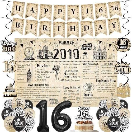 Sweet 16th Birthday Decorations Banner - 30 Pcs Born In 2010 UK Vintage Happy 16 Years Old Birthday Background Banners Number 16 Balloons Spiral Hanging Cake Toppper for Girls Boys Party Supplies