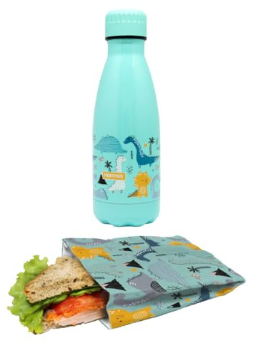 NERTHUS FIH 1654 Set Enfant Dinosaures – Pochette Sandwich Réutilisable + Bouteille Isotherme Inox 350 ml – Sac Pliable et Gourde Étanche pour École et Sorties