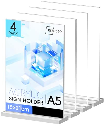 RITOLLO A5 Acryl Schildhalter 4er Pack T-Form Beidseitiger Displayständer, Transparenter Posterrahmen, Klare Menühalter für Büro Schreibtisch Geschäft Restaurant Schule Theke