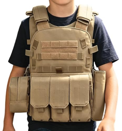 Airsoftväst för Barn - Justerbar skyddsutrustning med flera fickor - Säkerhetsvaktsväst,för Ordningsvaktsutbildning, Jakt, Friluftsliv, Cosplay, Kostym, Rollspel, Strid och Kamp