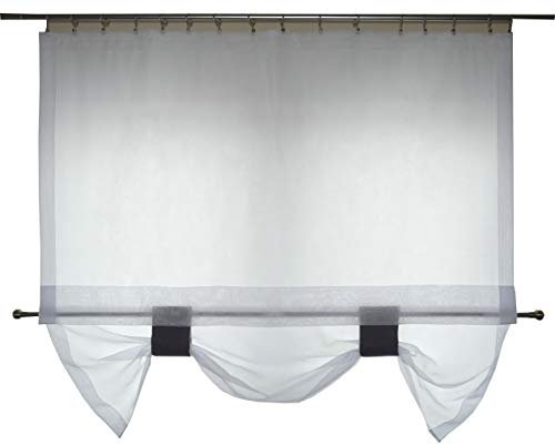 Estor con trabillas, cortina lista para usar, color blanco y plateado, cinta fruncida, 130 x 145 cm, AG32 (blanco y gris ceniza)