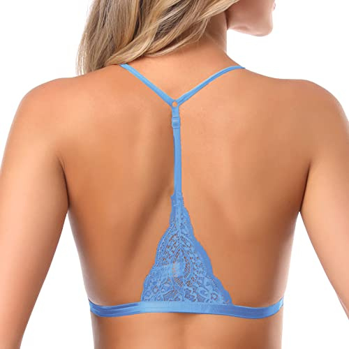 SHEKINI Women's Lace Bralette Sexy Triangular Bra Front Fastening with Removable Pads Backless Bras Plus Size Light Blue