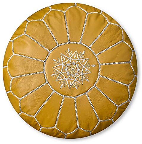 Poufs & Pillows: Premium Handgjord Läderpuff – Handgjord, Levererad Fylld – Ottoman, Fotpall, Golvkudde (Gul)