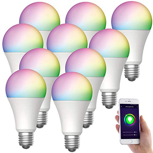 Luminea Home Control WLAN-LED-Lampe E27 RGBW: 10er-Set WLAN-LED-Lampen, E27, RGB-CCT, 9W (ersetzt 75W), F, 80lm, App (WLAN Leuchtmittel, WLAN-Birne)