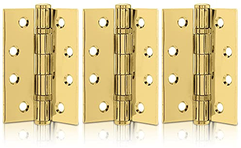 XFORT 4 Inch (100mm) Polished Brass Ball Bearing Hinges, Steel Door Hinge for Wooden Doors (1.5 Pairs)
