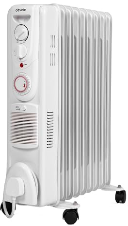Devola 2500W 9 Fin Oil Filled Radiator, Low Energy Electric Heater with Thermal Fuse for Overheat Cut Off, Adjustable Heating Dial, Turbo Heating Option via PTC Fan, 24 Hour Timer - DVSOR9F25W (White)
