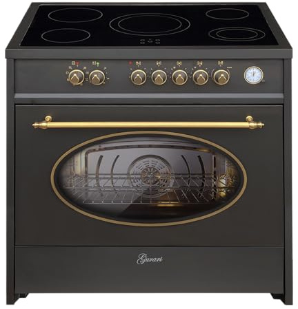 Gurari GCH E 912 BL Retro Cuisinière électrique 90 cm · Four XXL 121 L Multi 8 · Plaque vitrocéramique 5 zones Hi-Light · Chaleur tournante, grill · Qualité allemande
