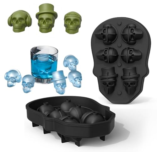 Holzsammlung 3D Silikon Totenkopf Form Eiswürfelform, 6 Fächer Halloween Eiswürfel Silikonform Totenkopf Backform, Knochen Form Halloween Backformen für Eiswürfel Schokolade Süßigkeiten Tortendeko