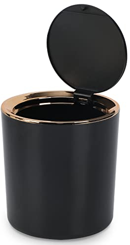 WOUMON Pattumiera da Tavolo con Coperchio,Mini Cestino da Scrivania in Plastica per Cucina, Camera da Letto, Bagno, Scrivania, 14.3 * 15cm (Nero)