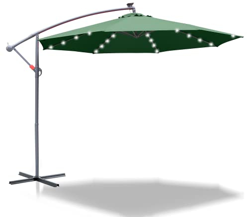 Joparri Ombrellone parasole a LED in alluminio, colore verde Ø 300 cm, con manovella, ombrellone con supporto, protezione solare dai raggi UV, in alluminio, per mercato, impermeabile