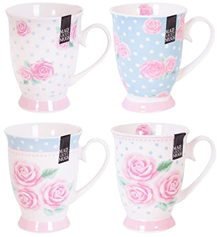 YöL Set of 4 New Bone China Mugs Floral Polka Dot - Blue Pink White - Coffee Cups Afternoon Tea Latte Cappuccino Home Kitchen Office Gift Mug Set
