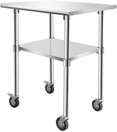 Three-Shelf Movable Food Prep and Work Cart Table, Home and Outdoor Multifuctional Stainless Steel Table Top Worktable On Two Wheel,30''x24''