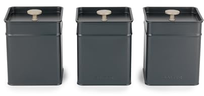 Salter Marino Kitchen Canister Set, 3 Piece, Tea Coffee Sugar, Blue Grey | Powder-Coated Carbon Steel, Square Shape, Easy-Clean Surface, Countertop Storage For Dry Goods, Unlabelled Tins