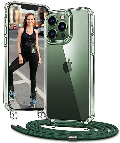 Vaykwo Handykette mit Band für Apple iPhone 13 Pro Hülle - Necklace Handyhülle - Transparente Case zum Umhängen mit Kameraschutz und Bildschirmschutz - DunkelGrün | Necklace Handyhülle, Transparente Case zum Umhängen, Verstellbar und Abnehmbar