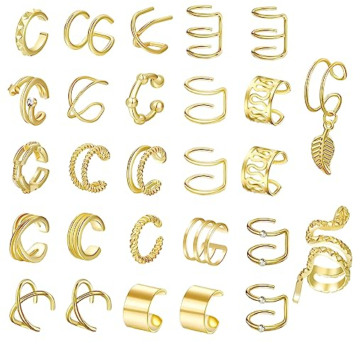 Lucktao 27 stk Ear Cuff Set,Ear Cuffs Gold Set,Damen Ohrmanschette,Ohrringe Earcuffs Set,Helix Knorpel Ohrmanschette,Ohne Ohrloch Wickelohrring,Fake Piercing Ohr Snake Ear Cuff.(Gold)