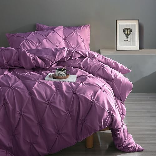 DXHOME Bettwäsche Plissee 135x200 2teilig Lila 135x200cm Pintuck Wendebettwäsche Weich Microfaser Atmungsaktiv Leicht Luxus Aesthetic Bettbezug mit Reißverschluss + 1 Kissenbezug 80x80 cm
