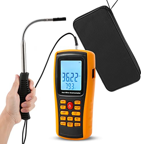 Bonvoisin Hotwire Anemometer Handheld CFM/CMM Air Flow Velocity Meter Wind Speed Gauges with Backlight LCD Display for HVAC in-Duct Airflow Air Velocity Temperature (Thermal Anemometer)
