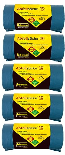 Idena 50056-5 - Abfallsäcke Set, 5 Rollen mit jeweils 10 Stück, blau, 120 Liter, 40µ extra stark und reißfest, mit praktischem Zugband, Zugbandsäcke