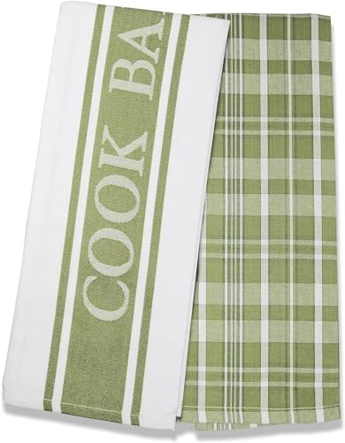 QCS Home - Vintage Herringbone Stripe Pattern and Check Weave Tea Towels Set, 100% Ring Spun Cotton, Super Absorbent and Premium Construction Kitchen Dish Cloth 50 x 76 cm (Sage Jacquard, 2)