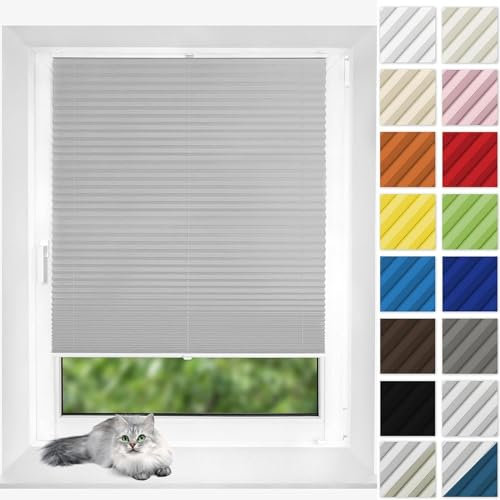 Plissee ohne Bohren Klemmfix 25 x 40 cm Kleben ohne Bohren zum Fensterrahmen Plissee Klemmfix Rollo, inkl Befestigungsmaterial, für Schlafzimmer Badezimmer, Hellgrau