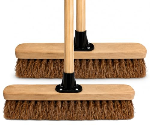 18” Indoor Soft Broom Sweeping Brush with Wooden Handle Natural Coco Bristles Indoor Floor Brush with Durable Support Bracket for Office Room and Garage (PACK OF 2)