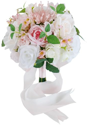 Fouriding Hochzeit Braut Blumenstrauß,Künstliche Hand Blumen Rosen Brautstrauß Brautjungfer für Zeremonie Jahrestag Partei Braut Dusche Dekoration Hochzeit Sträuße (Rosa Weiß)