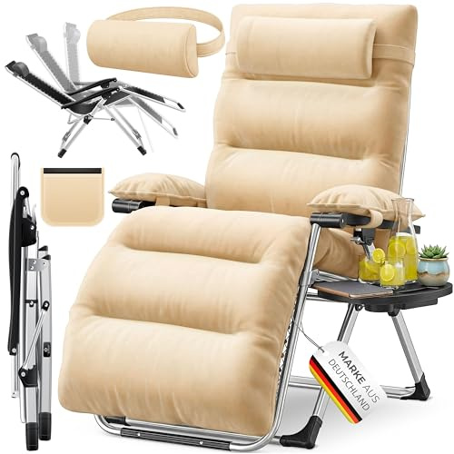 KESSER® Sonnenliege Liegestuhl,Gartenliege extra breit & Wetterfest,Belastbar 200kg,Ergonomisches Polster verstellbare Rückenlehne inkl. Nackenkissen Getränkehalter Armpolster & Seitentasche Beige