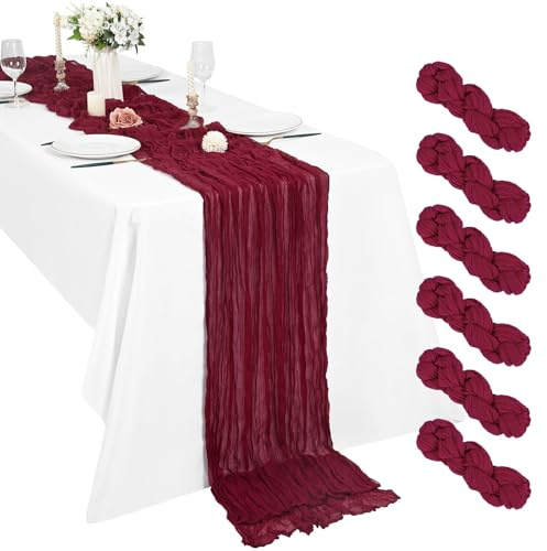 Pesonlook 6 Stück Burgunderrot Seihtuch Tischläufer 3 m Boho Gaze Tischläufer 55 x 300 cm rustikal romantisch Langer Tischläufer für Hochzeit Party Brautparty Erntedankfest Weihnachtsdekoration
