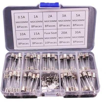 9 Values 72pcs Slow Glass Tube Fuses Assortment Kit 6x30mm 250V 0.5A~30A Fuses Glass Tube Packag in A Clear Box 6X30mm Slow Blow Glass Tube Fuses