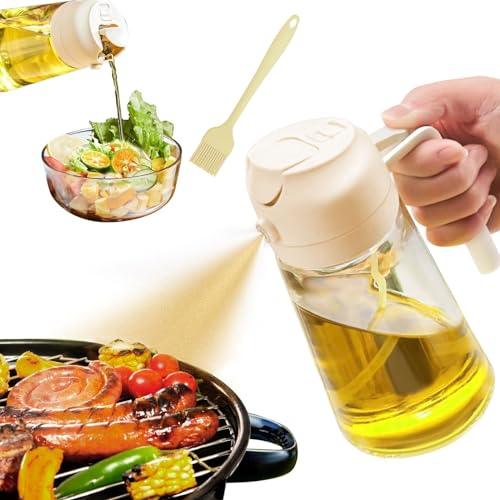 2 in 1 Ölsprüher, Sprühflasche für Öl, 470ml/16.5oz Glasöl Sprüher und Spender mit Silikonbürste für Küche, Salat, Braten, BBQ (Weiß)