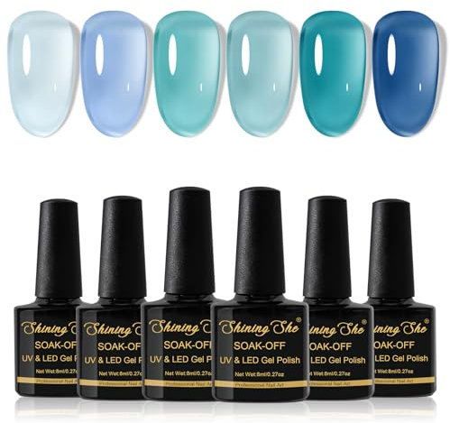 Shining She UV/LED Gel Nail Polish Kit - 6 Color Light Blue/Cyan Light Green Sheer Transparent Soak-Off Polish for Nail Art Salon & DIY Home, 8ML