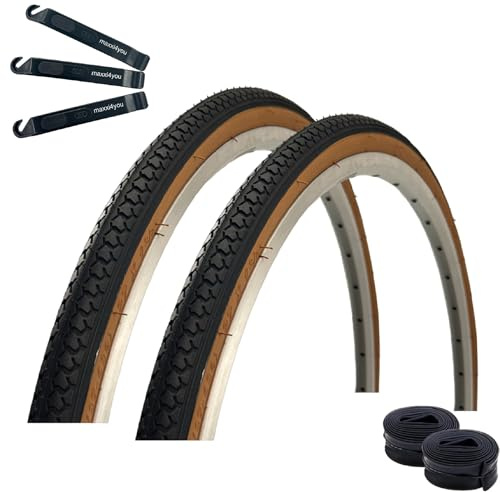 2 x Roverstone 27 tum cykeldäck svart/brun 37–630 (27 x 1 3/8) + 2 x matchande slangar SV inkl. maxxi4you däcklyftare