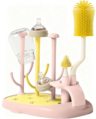 auvstar Sèche Biberons avec Brosse de Nettoyage Egouttoir Biberons,Egoutte Biberons,Amovible Séchoir pour Bébé Bouteilles,Supports de Séchage de Bouteilles Utilisé pour Sécher Sucettes Biberons (Rose)