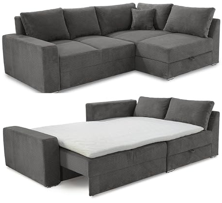 luma-Home 15233/ Ecksofa-Dauerschläfer Boxspring Federkern, Dunkelgrau | B260/T181/H88 cm, Schlaffunktion, Bettkasten, Kaltschaum-Topper, seitenverkehrt montierbar, Cord-Bezug