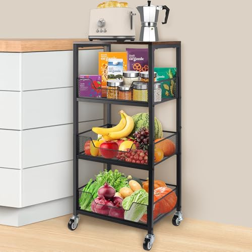 DUOJIN Cestino per frutta da cucina, carrello a 4 livelli, con ruote, con top in legno e cassetto, cesti per cipolle, patate, snack, nero