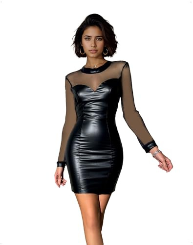 EMOTTOS Mini-Robe Latex et Dentelle pour Femme, Cuir Robe à Manches Longues et Col Bénitier en PU, Robe Moulante Transparente en Maille pour Sortir en Boîte ou en Soirée, Noir, S